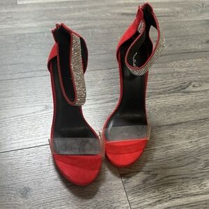 Qupid Women's High Heel Shoes Size 7.5 Red Faux Suede Ankle Strap